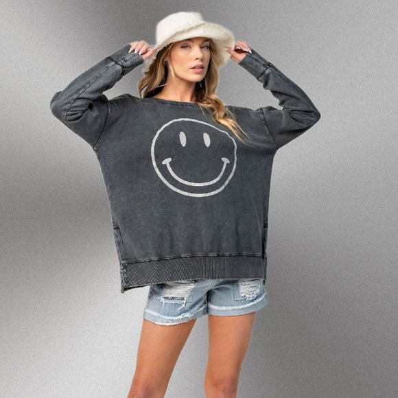 EASEL "All Smiles"  Mineral Washed 100% Soft Cotton Terry Knit Tunic Side Slits - Picture 6 of 11